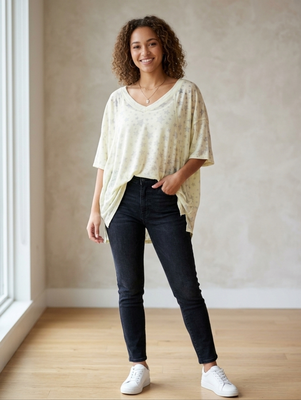 ⭐GUC Easel "Semi Sheer Stars⭐️ V-Neck Lightweight T-Shirt" Butter🧈Yellow💛Large